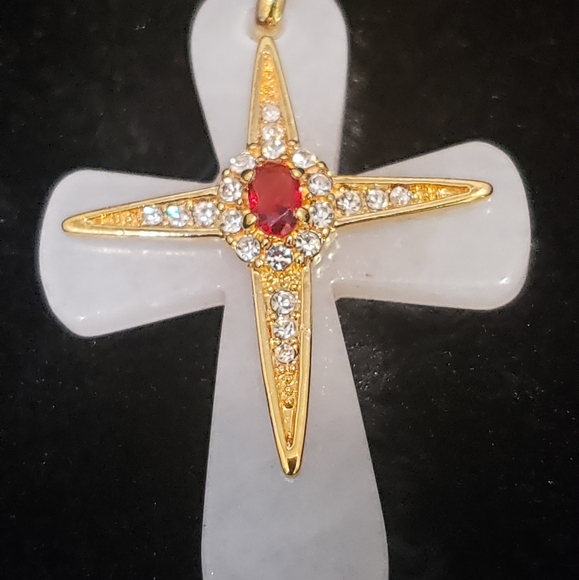 JBK Designer Signed Stone Cross Pendant on Long Ch - Picture 5 of 9